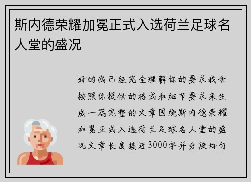斯内德荣耀加冕正式入选荷兰足球名人堂的盛况